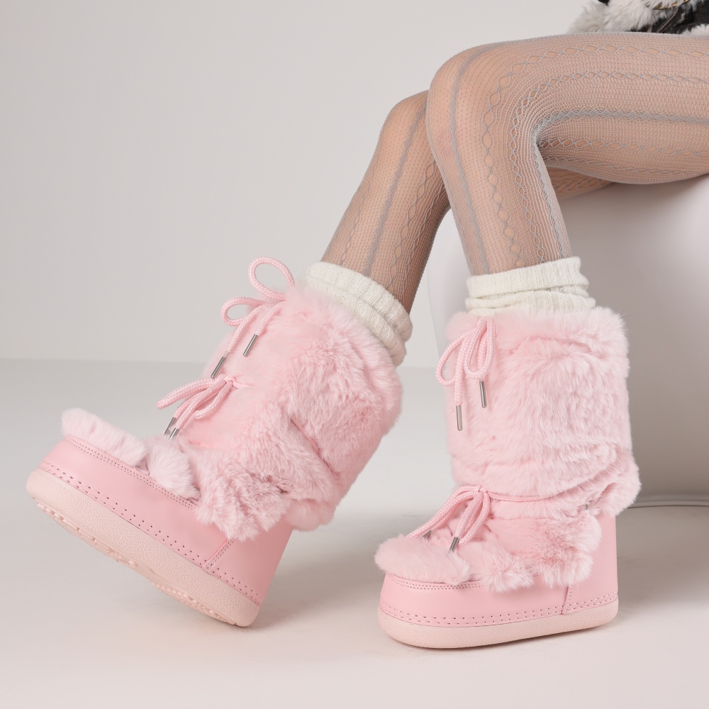 Waterproof Winter Boot - 女性用ファーブーツ ラウンドトゥ フラット スリップオン 冬用スノーウォームブーツ フェイクファー