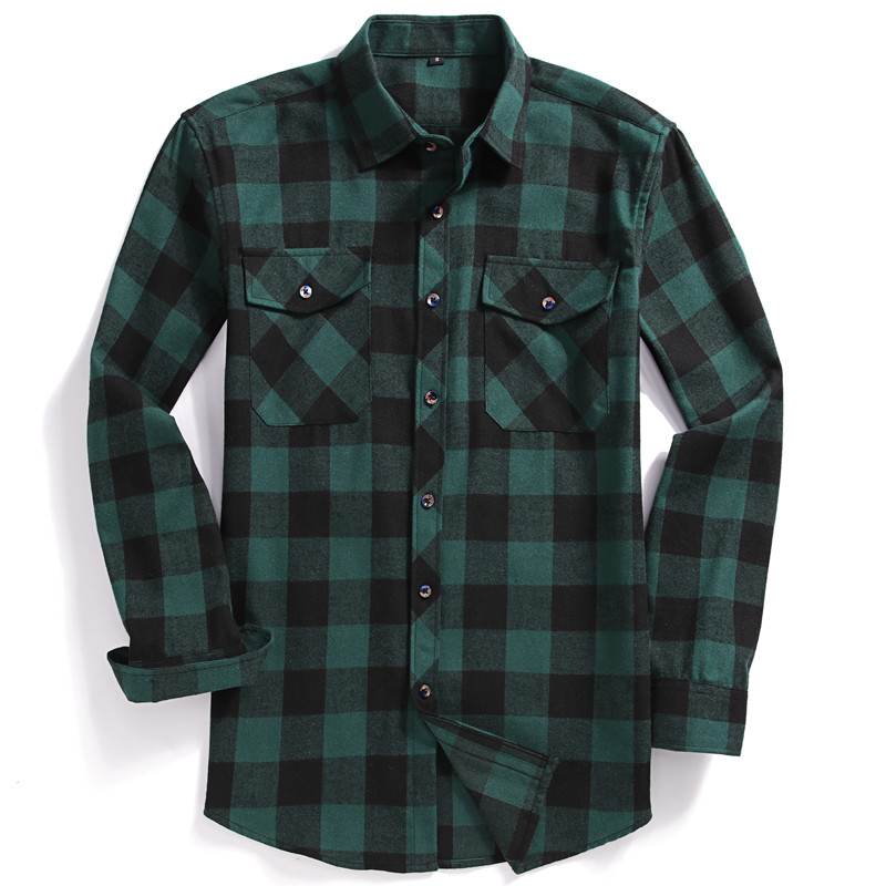 Flannel Shirt Lined - メンズ長袖ボタンダウンシャツ,カジュアル,チェック,レギュラーフィット,ダブルポケット,アウターウェア,赤,緑
