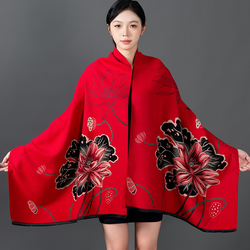 Cashmere Pashmina Wrap - 女性の冬のショールカシミヤスカーフ花柄ショールラップパシュミナ暖かいスカーフ厚い旅行毛布女性オールマッチエシャルプ