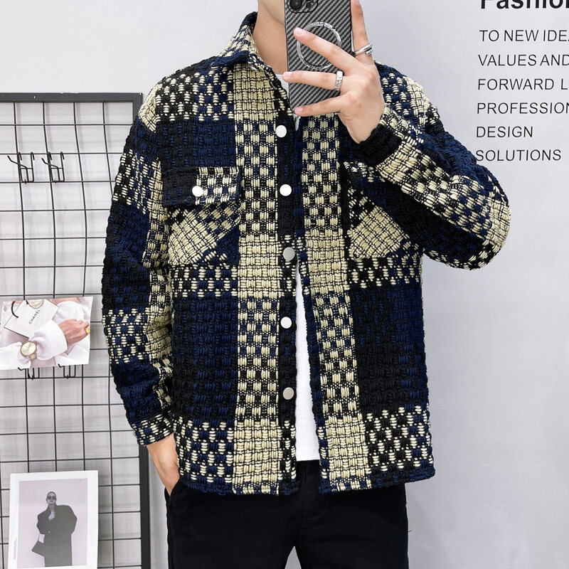 Flannel Shirt Lined - 2025年春の新作メンズ厚手チェックシャツジャケット、カジュアルでファッショナブルなストリートウェア、シングルブレストスリムフィットシャツ