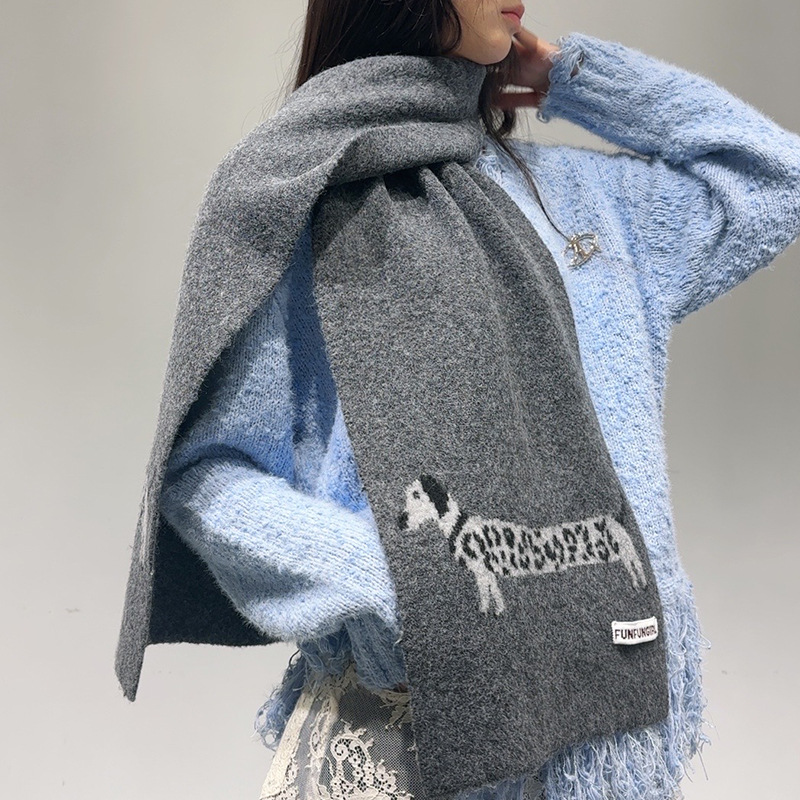 Wool Scarf Men - 韓国版ウール混紡子犬柄ジャカードスカーフ男女兼用暖かい多用途ソフトマフラー秋冬厚手ショール保温スカーフ