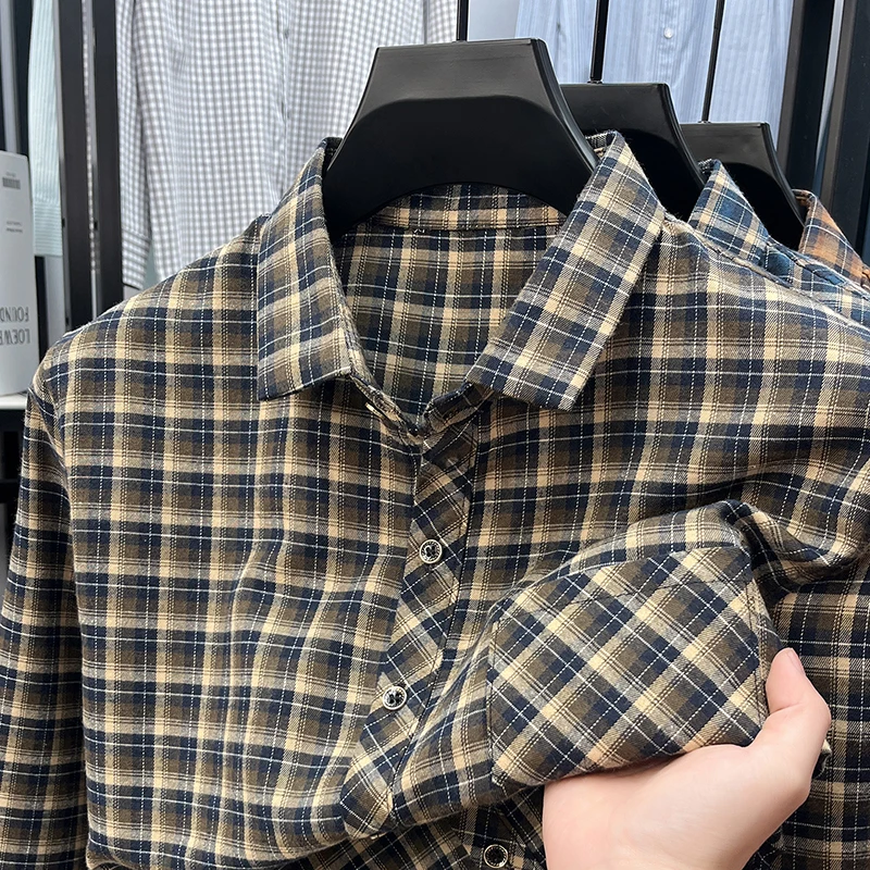 Flannel Shirt Lined - メンズラペルカラープレイドシャツ長袖ボタンダウン快適な通気性のある生地カジュアルビジネスデイリーウェア
