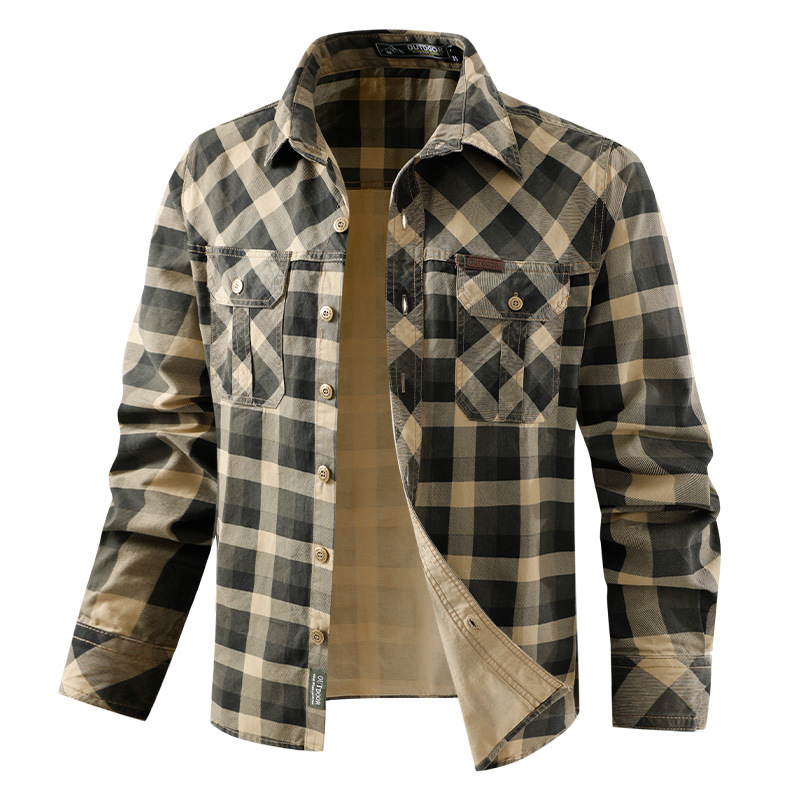 Flannel Shirt Lined - メンズ レトロ ワークウェア チェック柄シャツ 純綿 マルチポケット