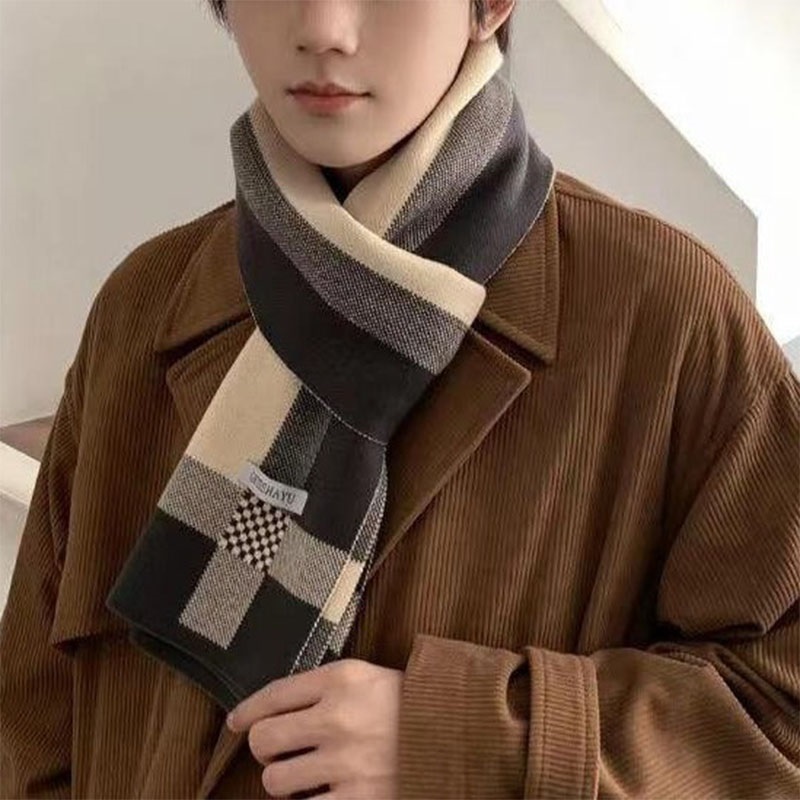 Wool Scarf Men - 新しい冬の男性スカーフ保温スカーフカジュアルファッションブランドデザイナーニットネッカチーフパッチワークウールカシミヤスカーフショールラップ