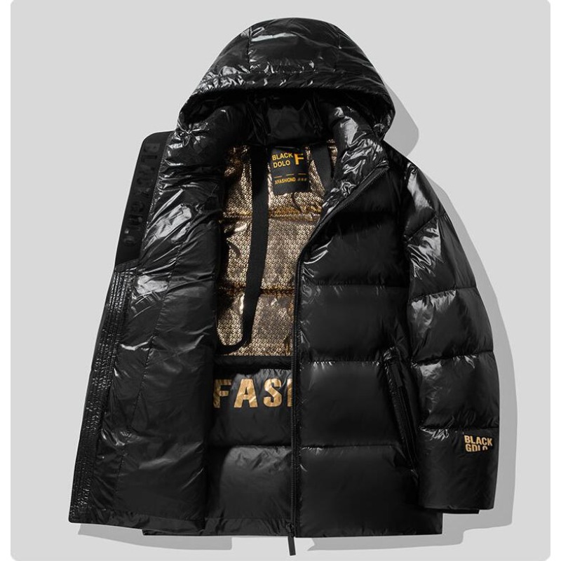 新冬メンズフード付きブラックシャイニーパフジャケットダックダ - Down Jacket Packable のレビューと価格