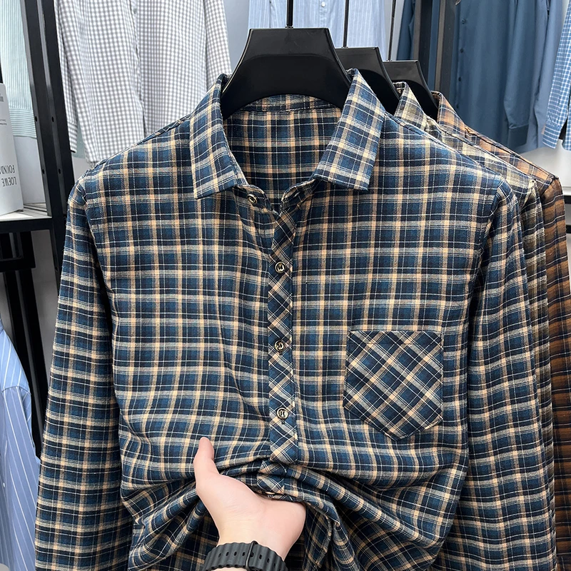 メンズラペルカラープレイドシャツ長袖ボタンダウン快適な通気性 - Flannel Shirt Lined のレビューと価格
