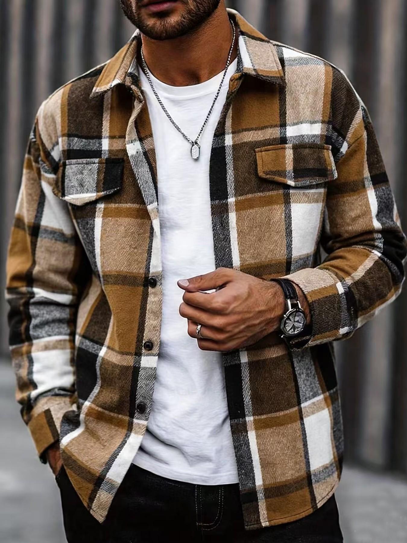 レトロチェック柄シャツメンズカジュアルエレガントボタンアップ - Flannel Shirt Lined のレビューと価格