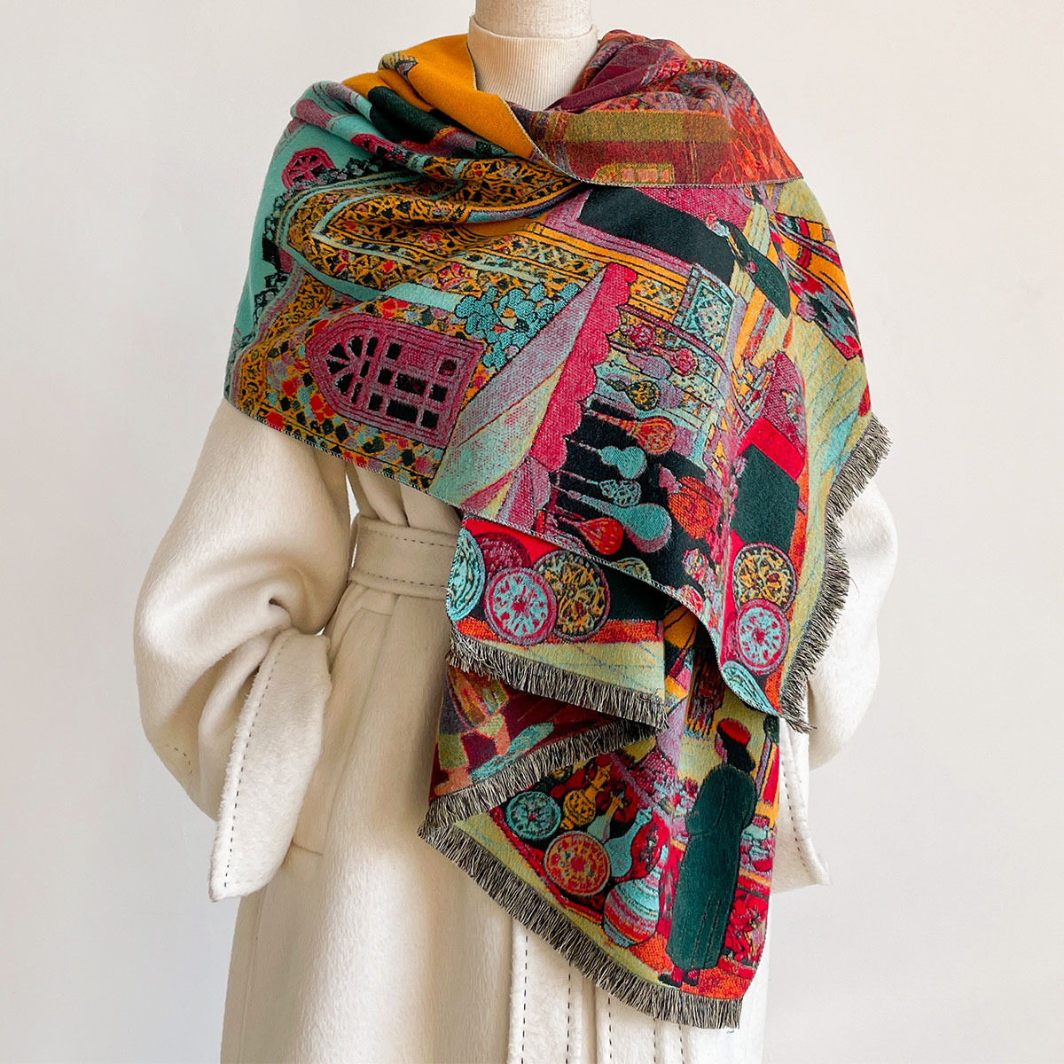女性用イミテーションカシミヤスカーフ リバーシブルケルチーフ - Cashmere Pashmina Wrap のレビューと価格